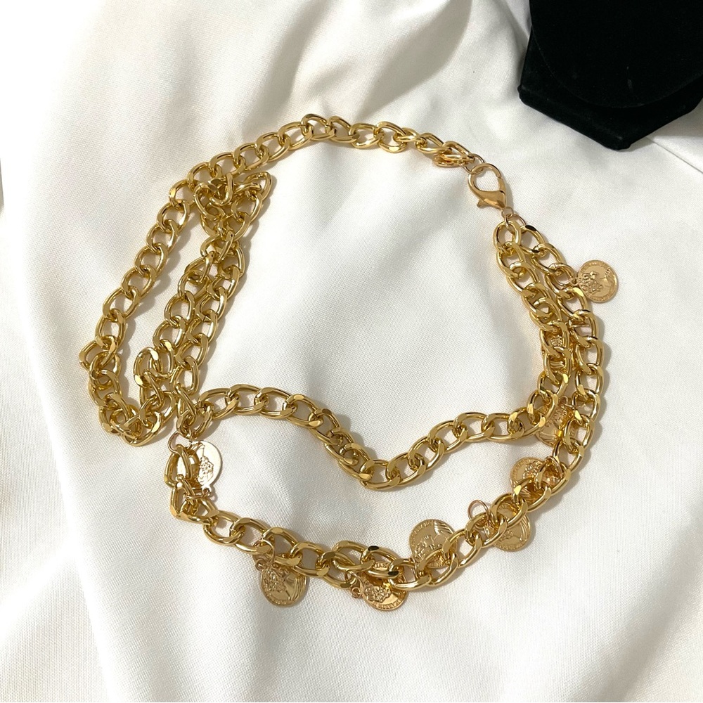 Gold Tone Multi Layer Chain Belt/necklace with Coins (New in Package) - Picture 3 of 7